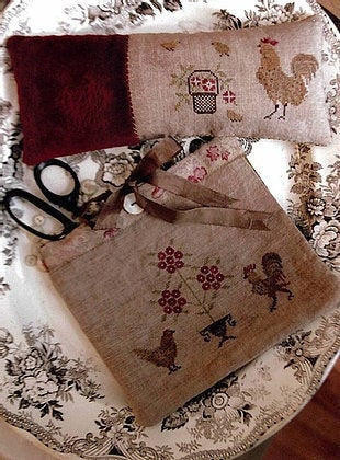 STACY NASH PRIMITIVES "Spotted Chickens Sewing Bag & Pinkeep" Counted Cross Stitch Pattern, Rooster, Pattern Only