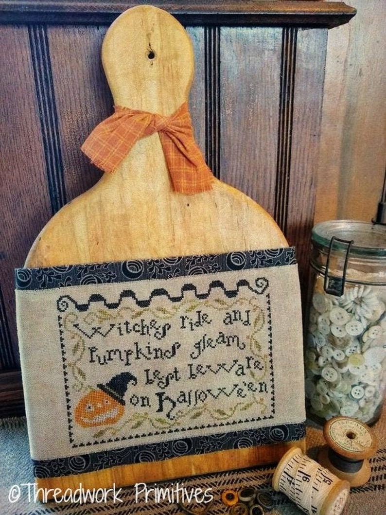 THREADWORK PRIMITIVES "Witches Ride", Counted Cross Stitch Pattern, Autumn, Fall, Halloween, Pumpkin, Pattern Only