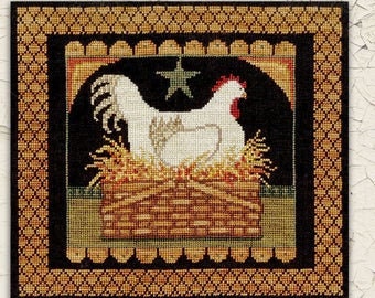 TERESA KOGUT "Prim Hen in Basket"  Counted Cross Stitch Pattern  Nesting Hen, Country Basket, Chicken, folk art, Pattern Only