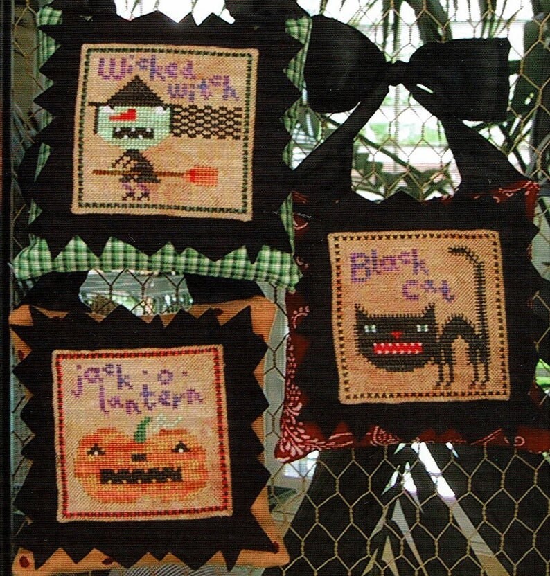 BIRDS OF A FEATHER "Halloween Icons" Counted Cross Stitch Pattern, Black Cat, Wicked Witch, Jack-O-Lantern, Whimsical, Paper Pattern
