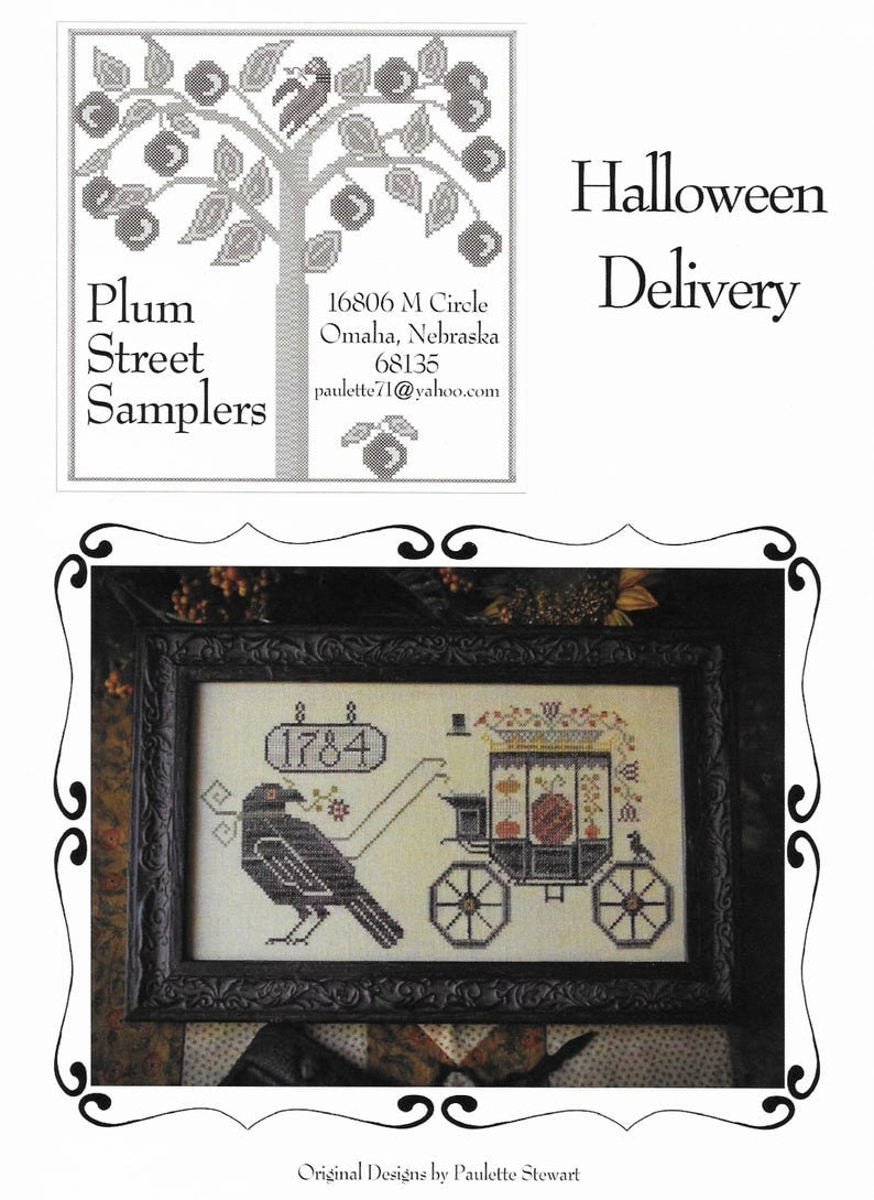 PLUM STREET SAMPLERS "Halloween Delivery"  Counted Cross Stitch Pattern  Fall, Autumn, Pumpkin, Crow, Coach, Primitive, Paper Pattern