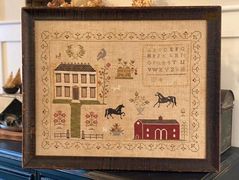 STACY NASH "The Stables at Hollyberry Farm Sampler" Counted Cross Stitch Pattern, Red Barn, Horses, Alphabet, Bee Skep, Pattern Only