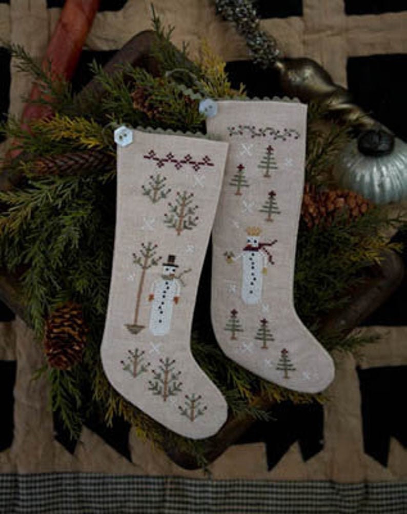PLUM STREET SAMPLERS "Wintertide Friends"  Counted Cross Stitch Pattern  Winter, Snowmen, Christmas Stockings, Paper Pattern