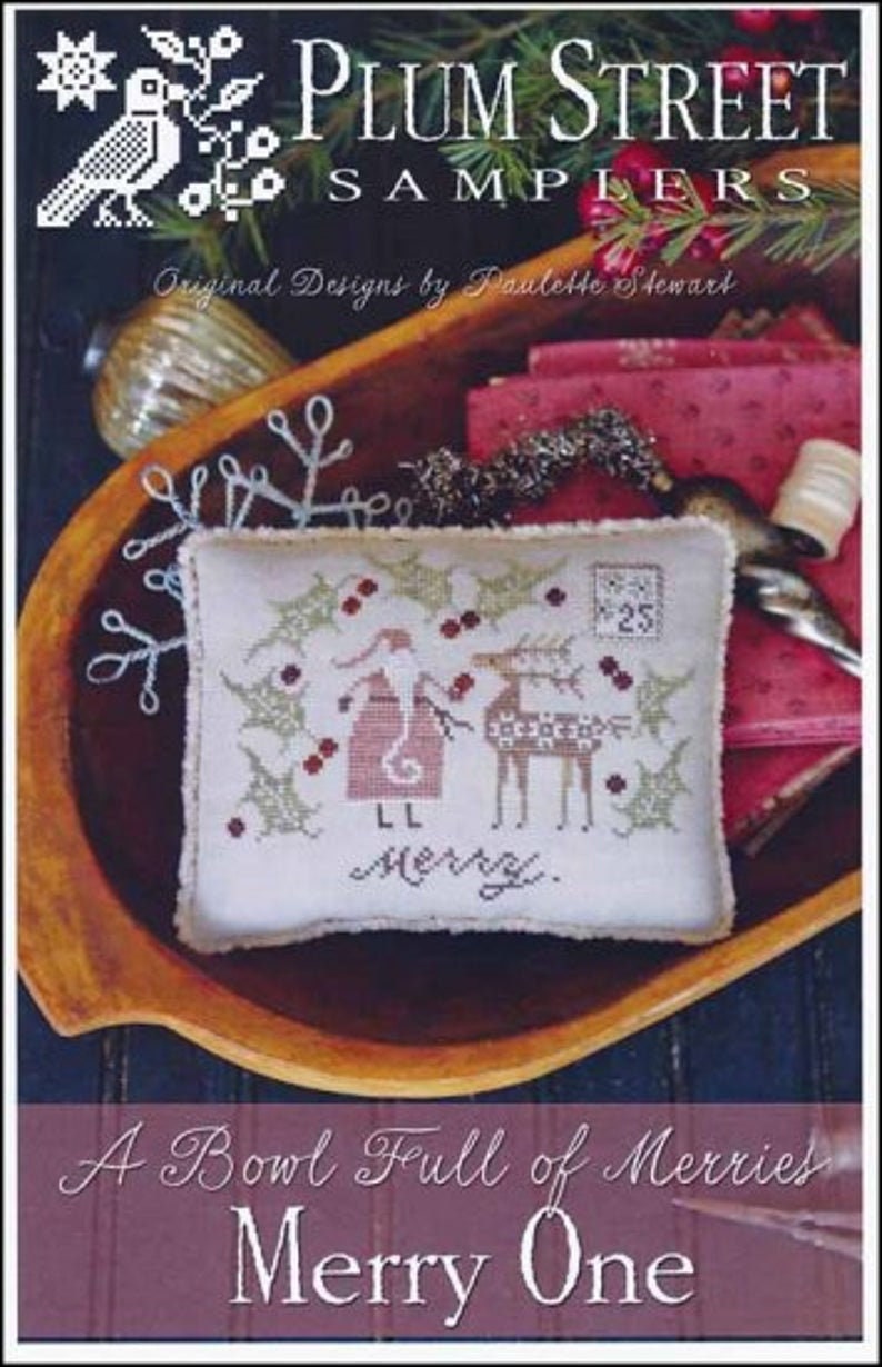 PLUM STREET SAMPLERS "Merry One" Counted Cross Stitch Pattern/Chart, Christmas, Santa, Reindeer, Holly, Pattern Only