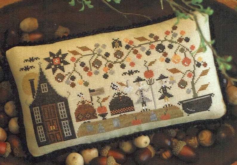 PLUM STREET SAMPLERS "The Adams Family"  Counted Cross Stitch Pattern  Fall, Autumn, Halloween, Pumpkins, Haunted House, Paper Pattern