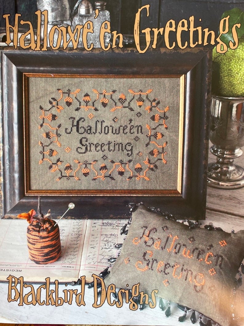 BLACKBIRD DESIGNS "Halloween Greetings"  Primitive Cross Stitch Sampler Pattern  Halloween Sampler, Pattern Only