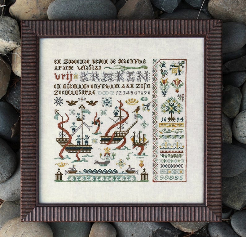 INK CIRCLES "Get Kraken" Counted Cross Stitch Pattern, Chart, Reproduction Dutch Sampler, Sea Monster, Pattern Only