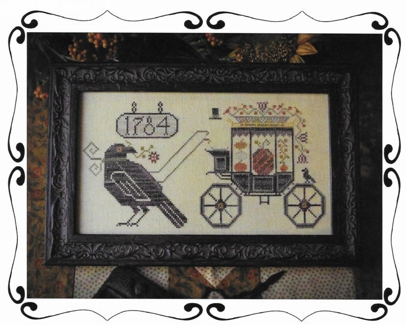 PLUM STREET SAMPLERS "Halloween Delivery"  Counted Cross Stitch Pattern  Fall, Autumn, Pumpkin, Crow, Coach, Primitive, Paper Pattern