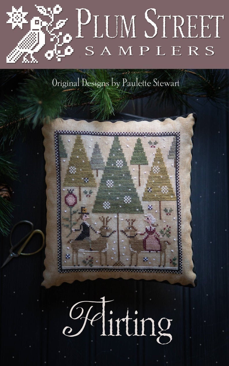 PLUM STREET SAMPLERS "Flirting"  Counted Cross Stitch Pattern  Pilgrim Couple, Deer, Paper Pattern