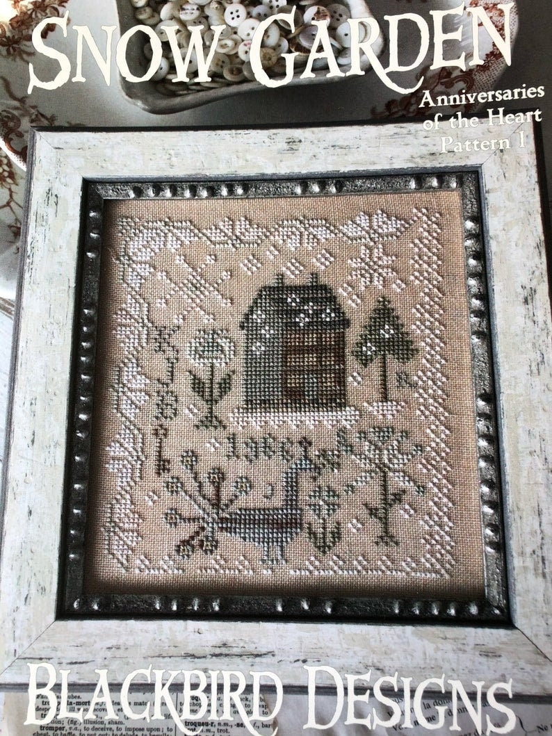 BLACKBIRD DESIGNS "Snow Garden"  Primitive Cross Stitch Sampler  Anniversaries of the Heart Series, Pattern Only