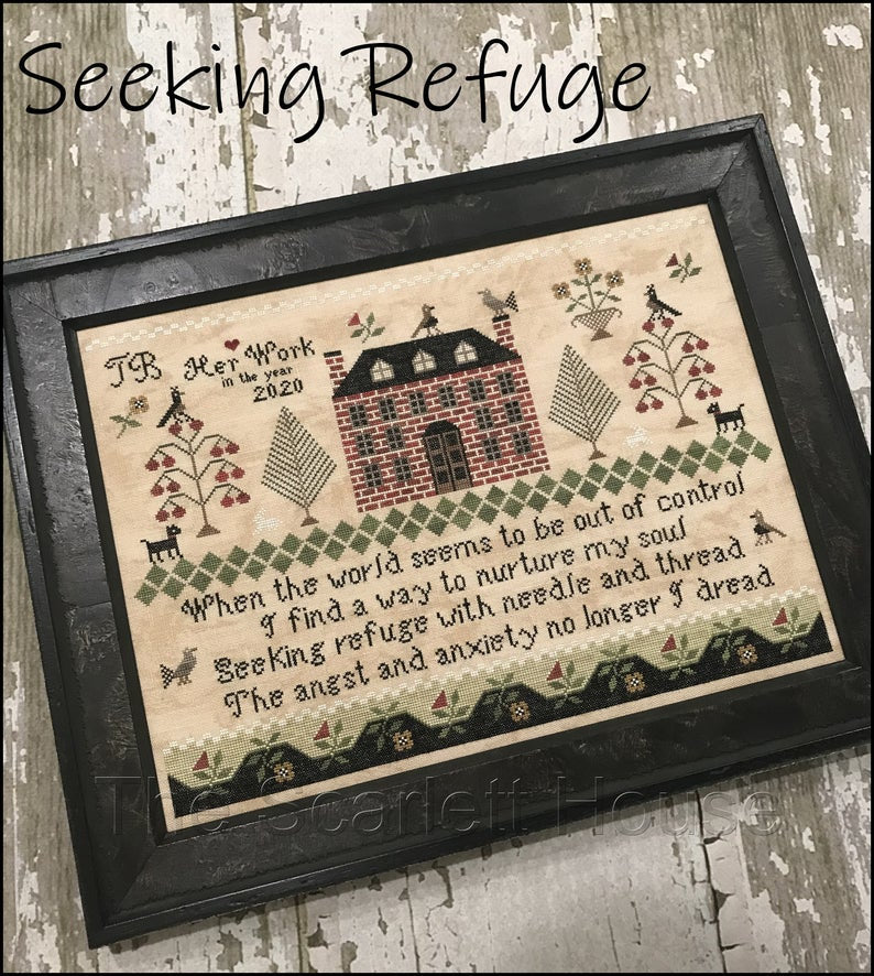 The SCARLETT HOUSE "Seeking Refuge"  Counted Cross Stitch Pattern  Sampler, Chart, Pattern Only