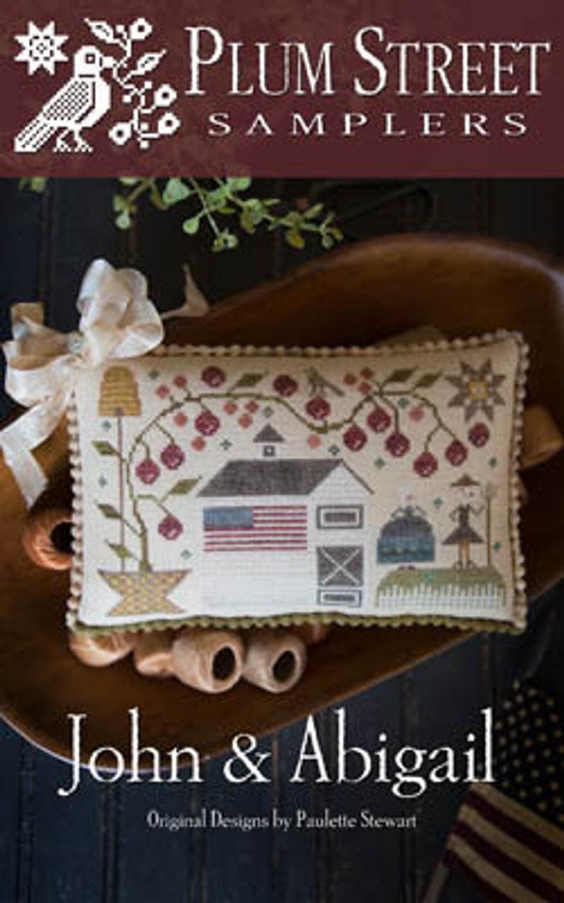 PLUM STREET SAMPLERS "John & Abigail"  Counted Cross Stitch Pattern  Farmers, Barn, American Flag, Americana, Paper Pattern