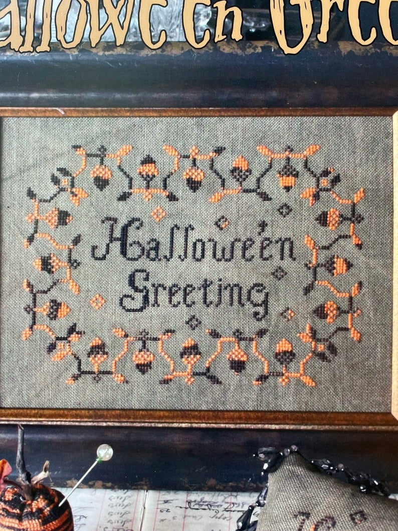 BLACKBIRD DESIGNS "Halloween Greetings"  Primitive Cross Stitch Sampler Pattern  Halloween Sampler, Pattern Only