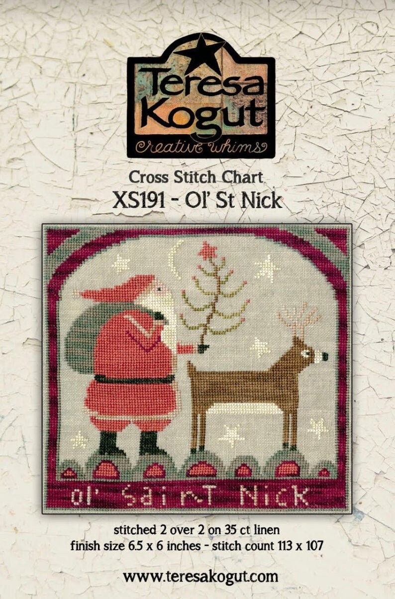 TERESA KOGUT "Ol' St Nick"  Counted Cross Stitch Pattern  Christmas, Winter, Santa, Reindeer, Chart, Pattern Only