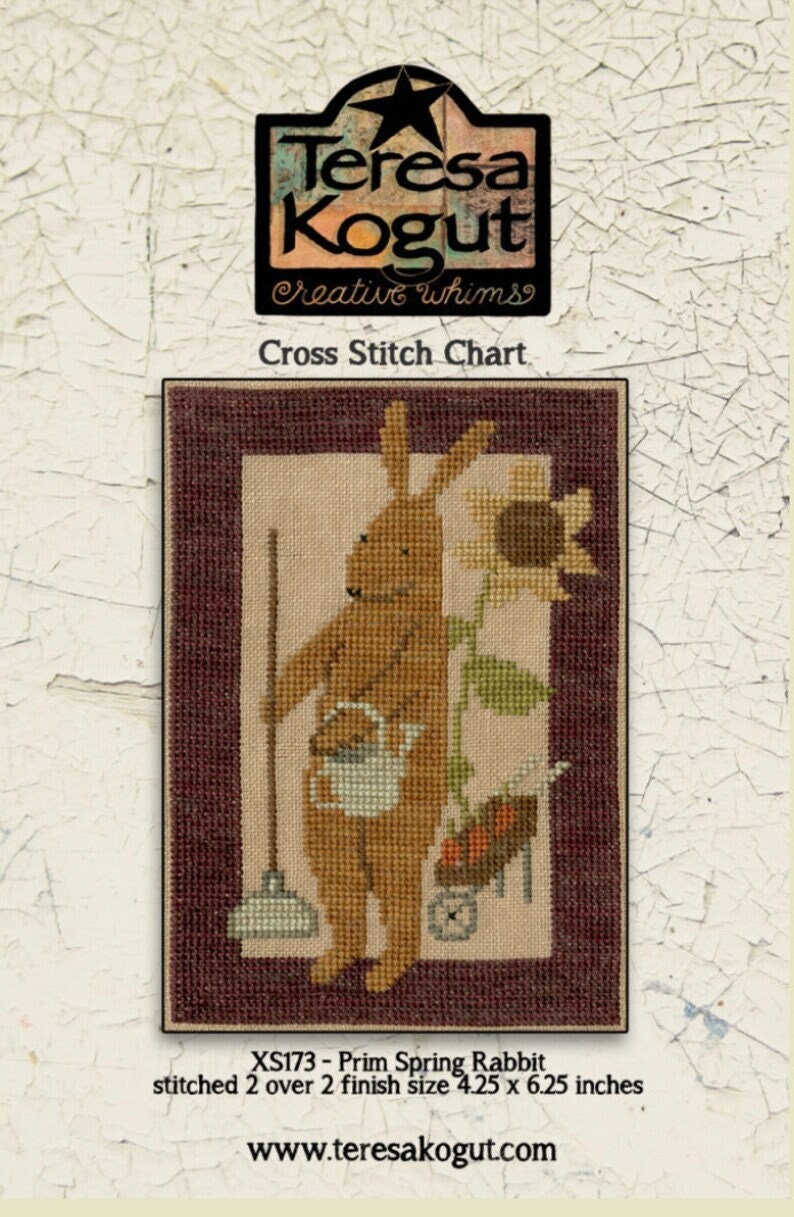 TERESA KOGUT "Prim Spring Rabbit"  Counted Cross Stitch Pattern  Bunny, Primitive, Gardener, Sunflower, Pattern Only