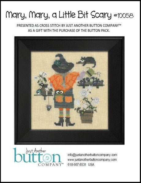 Just Another Button Company "Mary, Mary, a Little Bit Scary" Counted Cross Stitch Pattern + Button Pack, Chart, Halloween, Witch