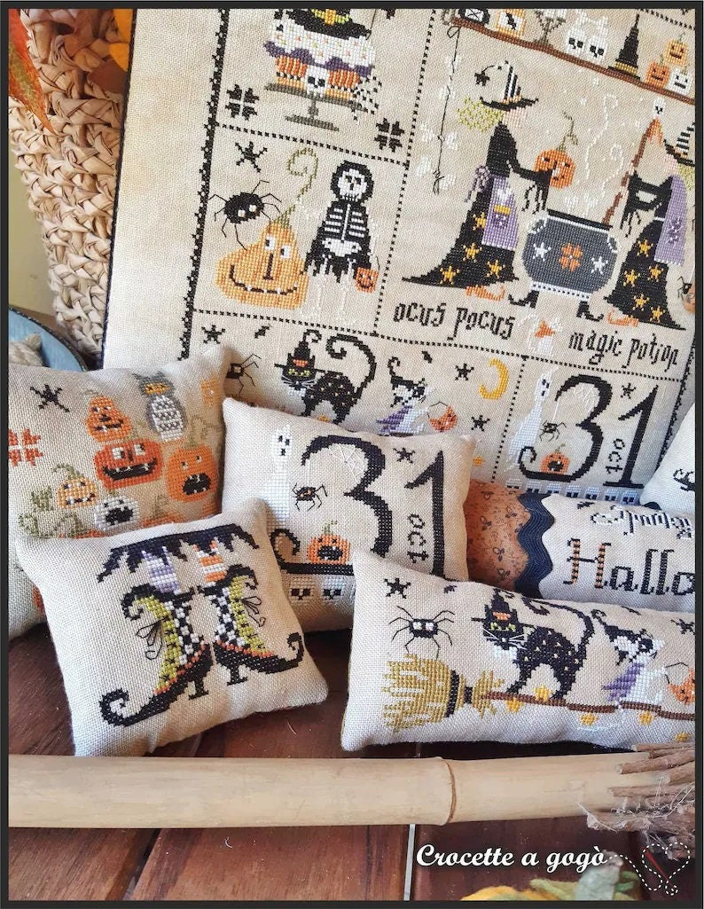 Crocette A Gogo  "Waiting For Halloween"  Counted Cross Stitch Chart  10 Patterns  Black Cat, Witches, Ghosts, Pattern Only
