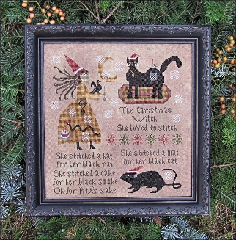 KATHY BARRICK "The Christmas Witch" Counted Cross Stitch Pattern, Chart, Holiday, Black Cat, Pattern Only