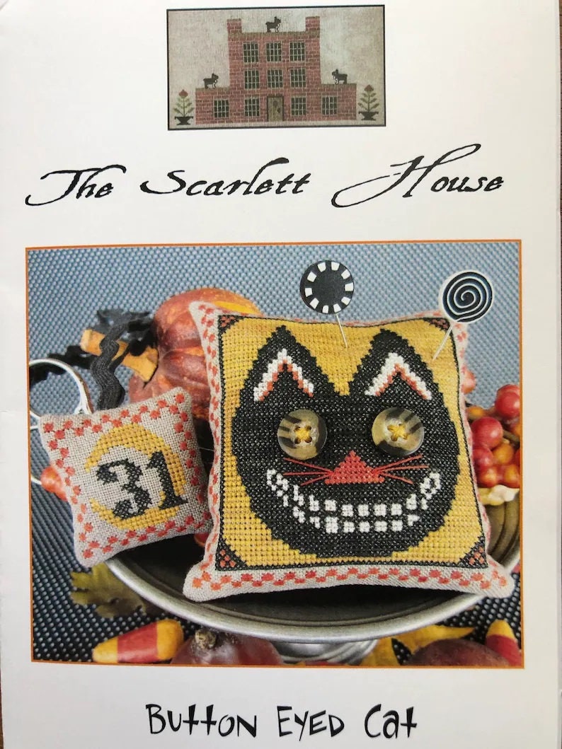 The SCARLETT HOUSE "Button Eyed Cat"  Counted Cross Stitch Pattern  Chart, Halloween, Pattern Only