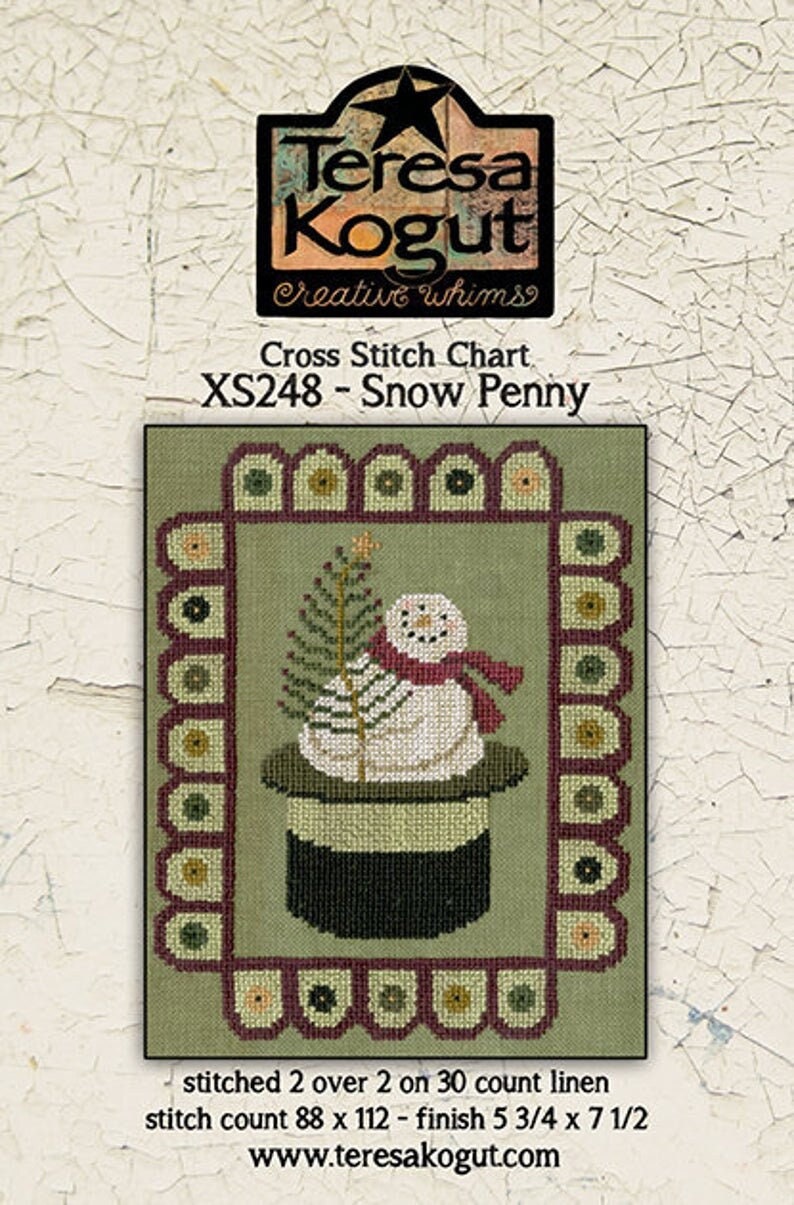 TERESA KOGUT "Snow Penny"  Counted Cross Stitch Pattern  Christmas, Winter, Snowman, Chart, Pattern Only