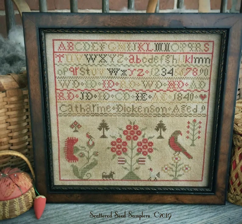Catharine Dickenson 1840 ~ Antique Reproduction Pattern from Scattered Seed Samplers© 2019 by Designer Tammy Black, Pattern Only