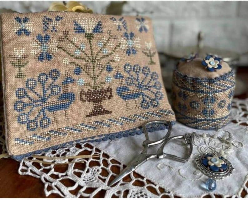MANI Di DONNA "Blue Peacocks Sewing Set" Counted Cross Stitch Pattern, Chart, Fall Needlework Expo 2021, Pattern ONLY