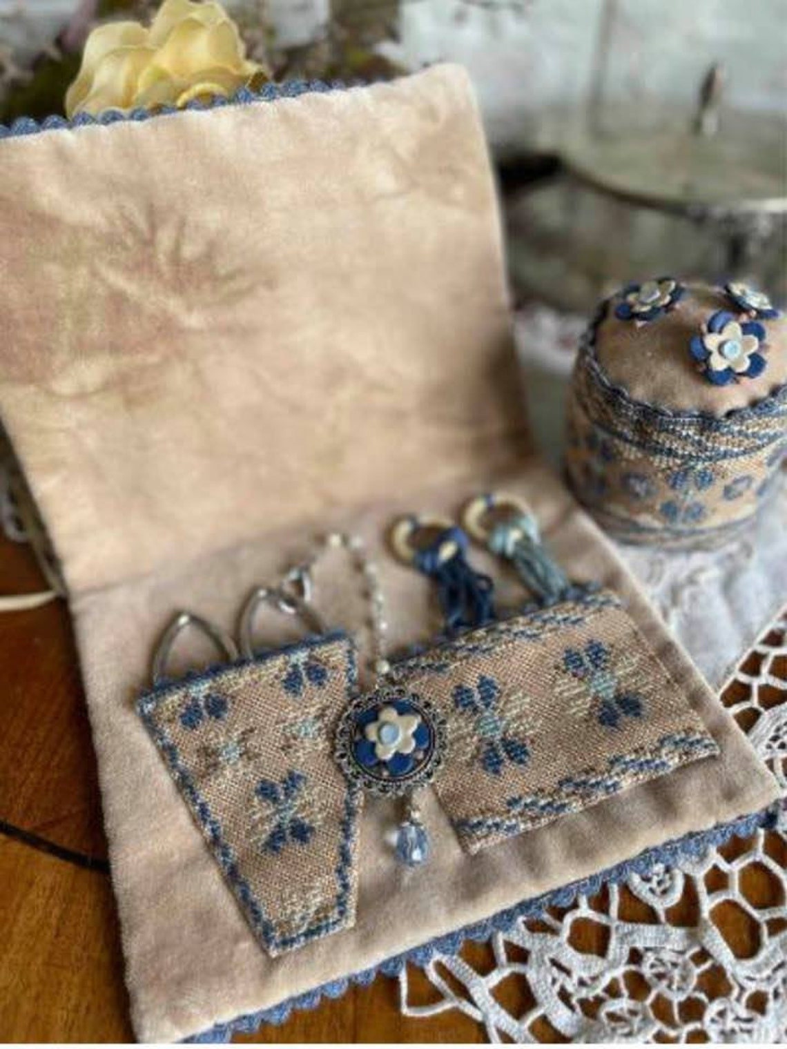 MANI Di DONNA "Blue Peacocks Sewing Set" Counted Cross Stitch Pattern, Chart, Fall Needlework Expo 2021, Pattern ONLY