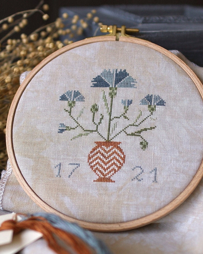 PDF INSTANT DOWNLOAD  Blue Bird Needleworks  "Cornflower Vase"  Counted Cross Stitch Pattern  Primitive  Pattern Only