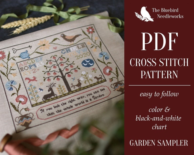 PDF INSTANT DOWNLOAD  Blue Bird Needleworks  "Garden Sampler"  Counted Cross Stitch Pattern  Primitive  Pattern Only