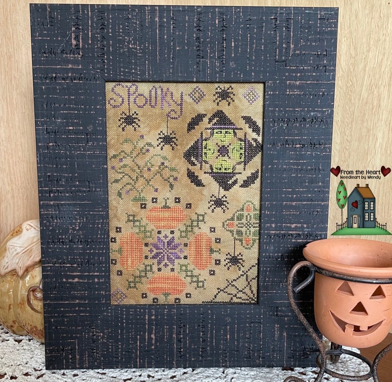 FROM THE HEART "Spooky Quaker" Counted Cross Stitch Pattern, Chart, Halloween, Witches, Spiders, Pattern Only