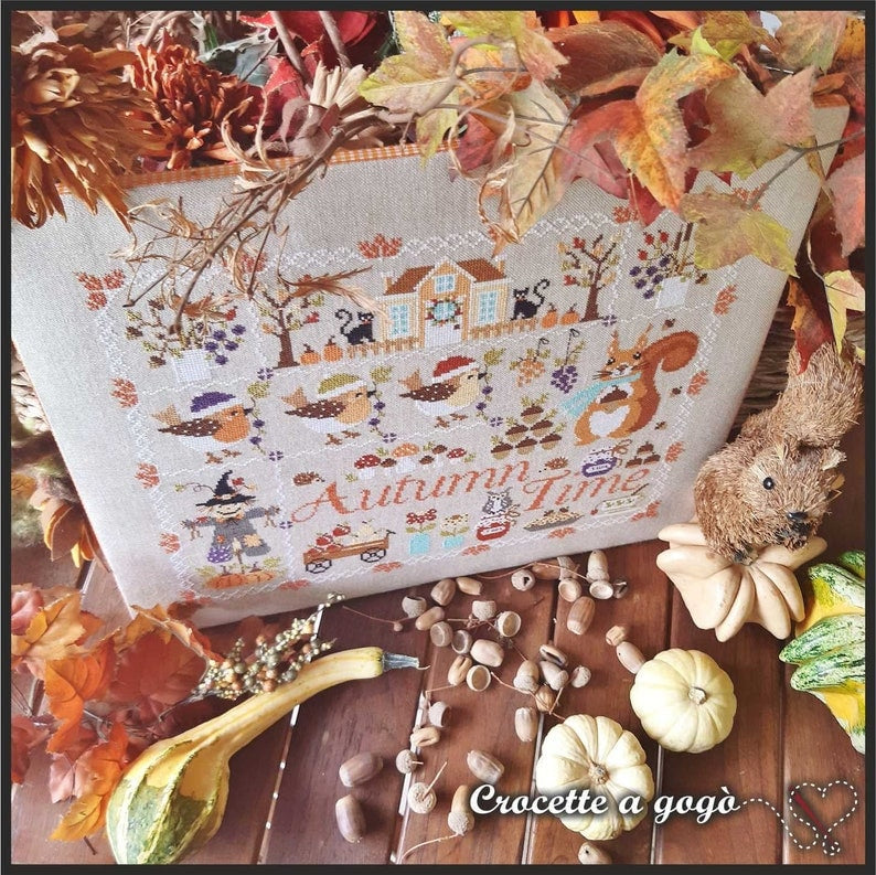 Crocette A Gogo    "Autumn Time"  Counted Cross Stitch Pattern  Fall, Scarecrow, Pumpkins, Squirrel, Paper Pattern