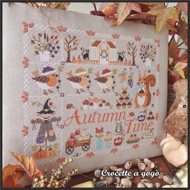 Crocette A Gogo    "Autumn Time"  Counted Cross Stitch Pattern  Fall, Scarecrow, Pumpkins, Squirrel, Paper Pattern