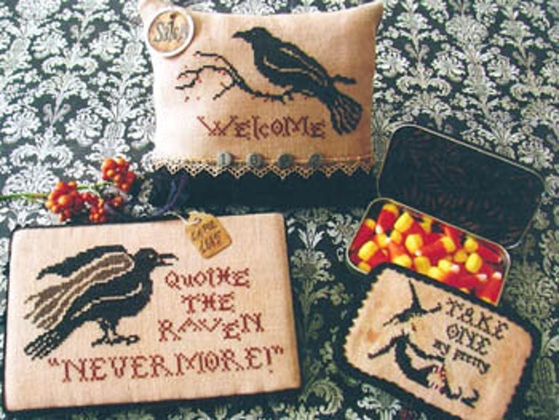 Plum Street Samplers "My Pretties" Counted Cross Stitch Pattern, Chart, Halloween, Raven, Autumn, Fall, 3 Patterns, Pattern Only