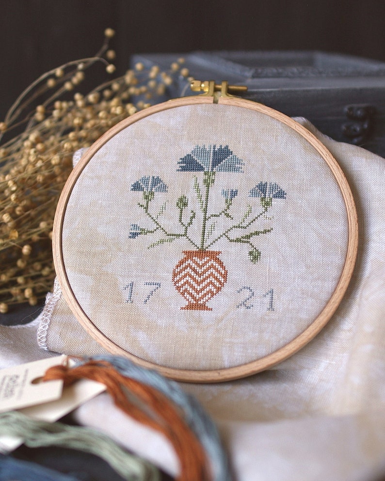 PDF INSTANT DOWNLOAD  Blue Bird Needleworks  "Cornflower Vase"  Counted Cross Stitch Pattern  Primitive  Pattern Only