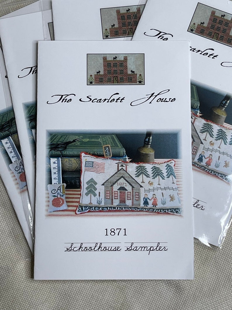 THE SCARLETT HOUSE "1871 Schoolhouse Sampler" Counted Cross Stitch Pattern, Chart, Paper Pattern