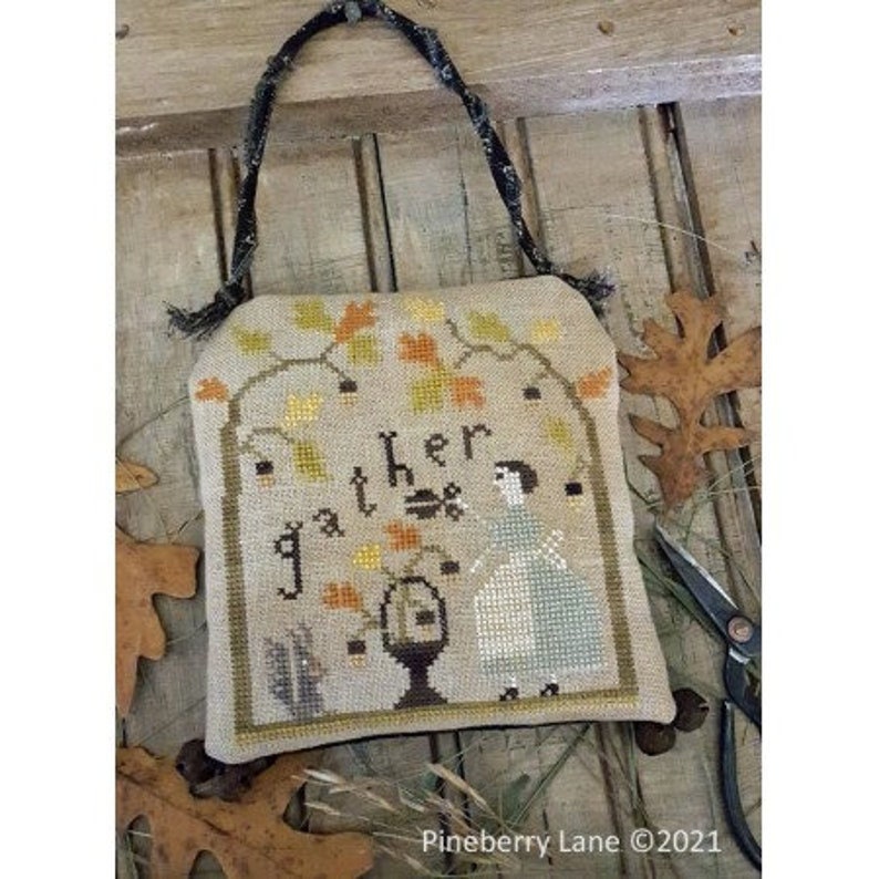 PINEBERRY LANE "Gather"  Primitive Cross Stitch Pattern  Autumn, Squirrel, Fall, Pattern Only