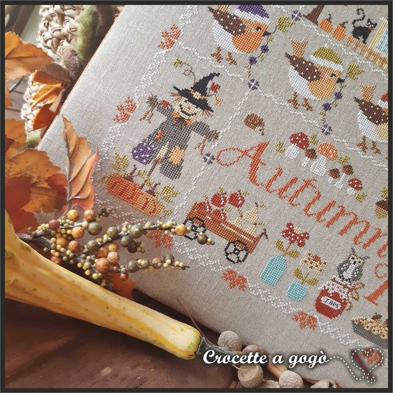 Crocette A Gogo    "Autumn Time"  Counted Cross Stitch Pattern  Fall, Scarecrow, Pumpkins, Squirrel, Paper Pattern