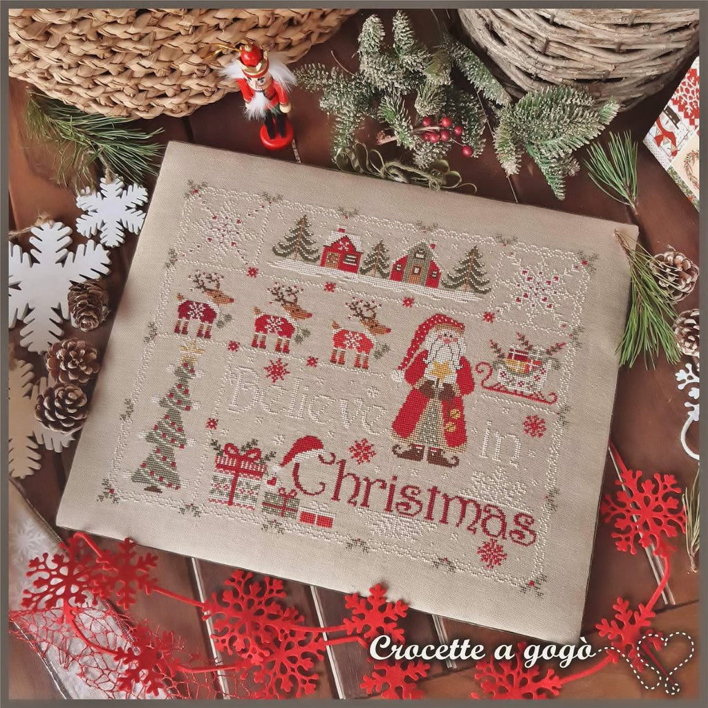 BELIEVE IN CHRISTMAS by Crocette A Gogo    Counted Cross Stitch Paper Pattern  Santa, Reindeer, Sleigh, Presents, Snowflakes, Winter
