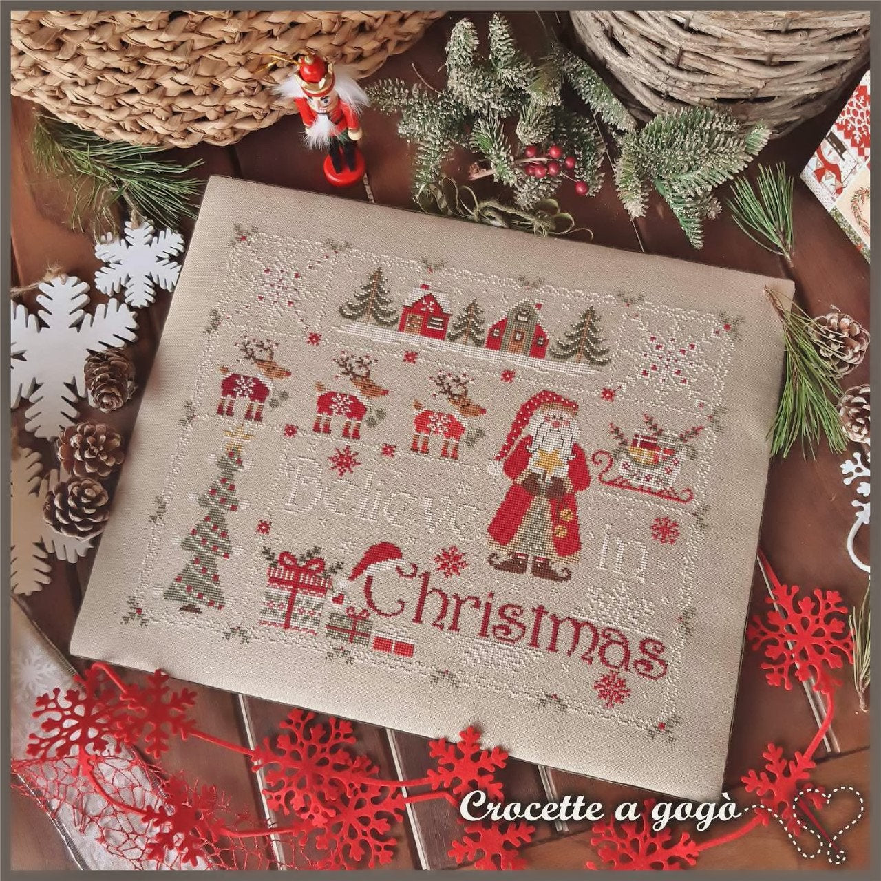 BELIEVE IN CHRISTMAS by Crocette A Gogo    Counted Cross Stitch Paper Pattern  Santa, Reindeer, Sleigh, Presents, Snowflakes, Winter