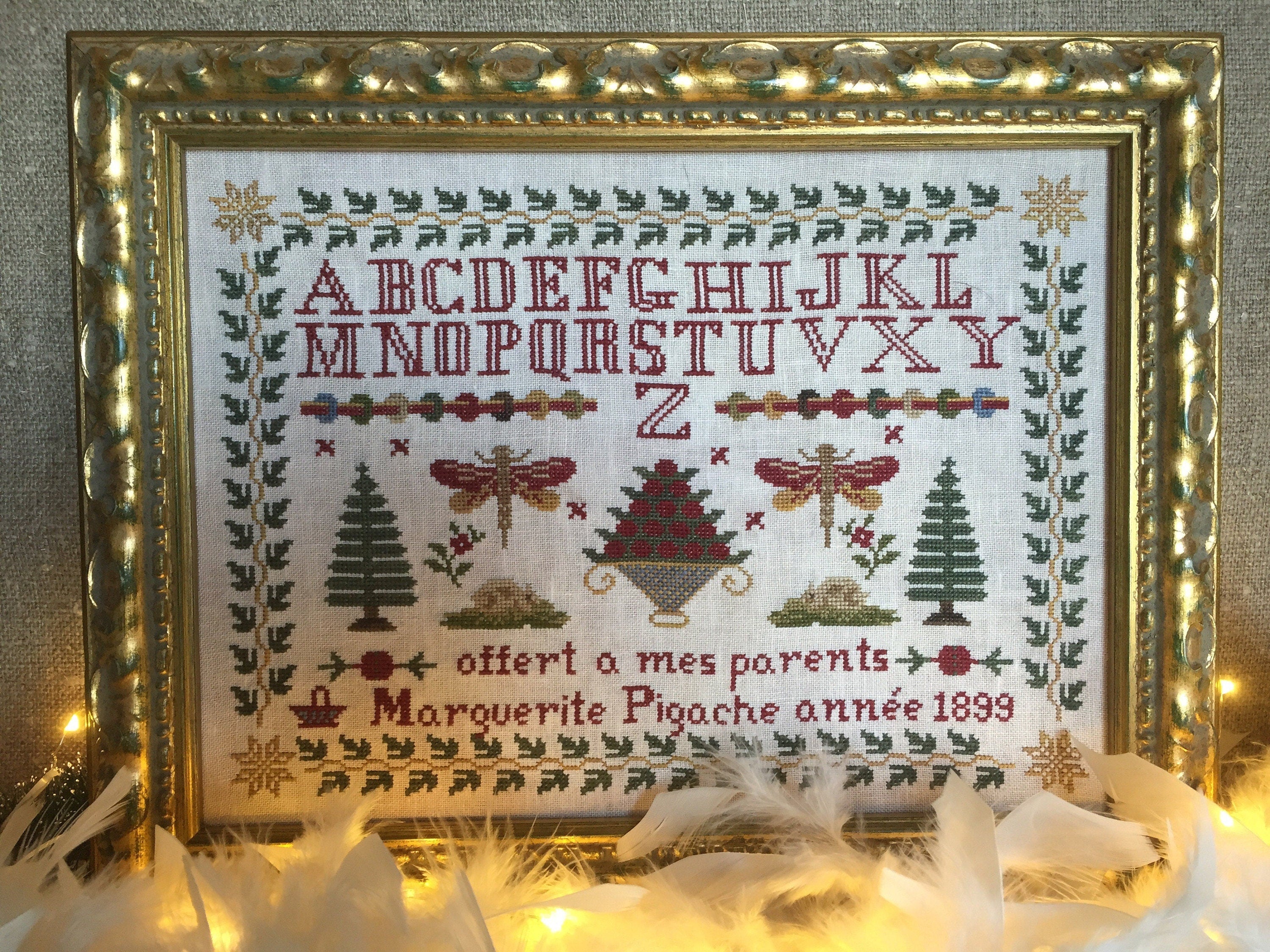ROVARIS Reproduction Sampler "Marguerite Pigache  1899"  Counted Cross Stitch Pattern  French Christmas Sampler  Chart, Pattern Only