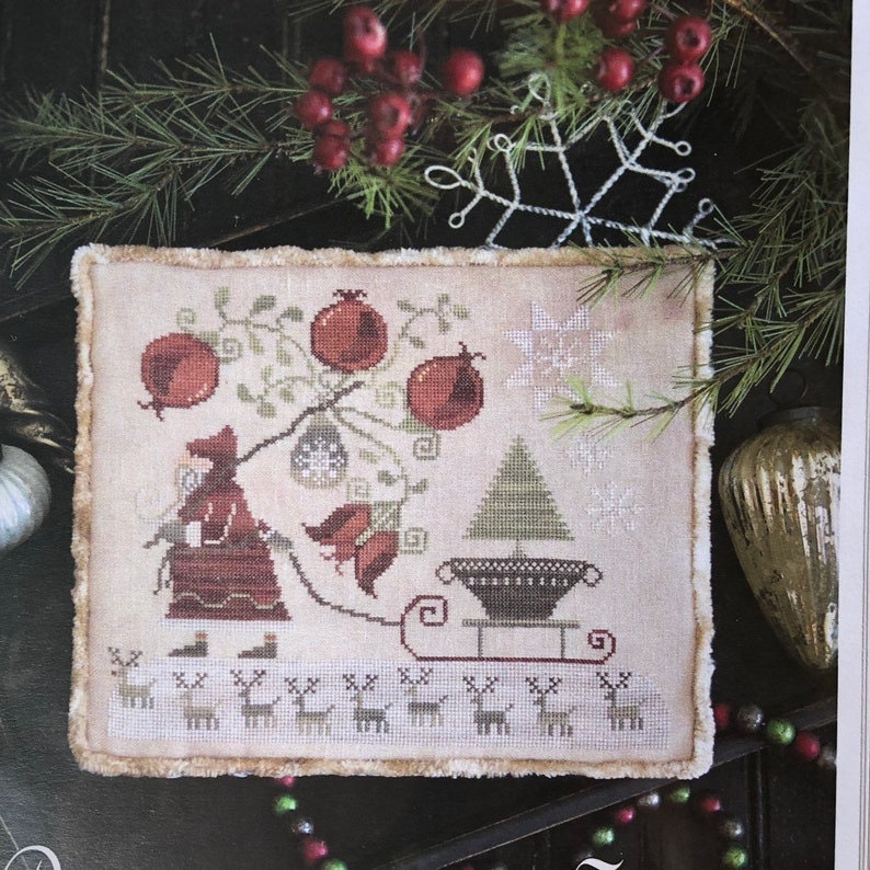 PLUM STREET SAMPLERS "Pomegranate Santa"  Counted Cross Stitch Pattern  Reindeer, Snowflakes, Christmas, Paper Pattern