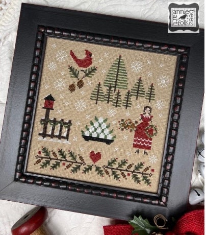 ANNIE BEEZ FOLK Art "Gathering Holly" Counted Cross Stitch Pattern, Chart, Winter, Christmas, Pattern Only