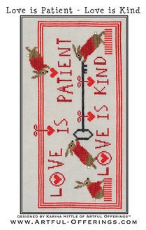 ARTFUL OFFERINGS "Love is Patient ~ Love is Kind" Counted Cross Stitch Pattern, Bunnies, Red Hearts, Valentines Day, Pattern Only