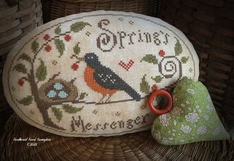 SCATTERED SEED SAMPLERS "Spring's Messenger" Pinkeep, Counted Cross Stitch Pattern, Robin, Pattern Only