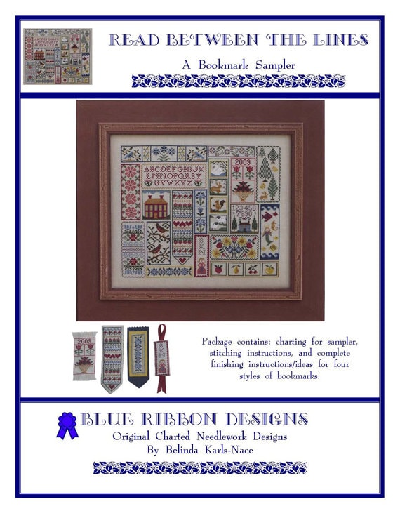 BLUE RIBBON DESIGNS "Read Between The Lines" Counted Cross Stitch Pattern, Chart, A Bookmark Sampler, Pattern Only
