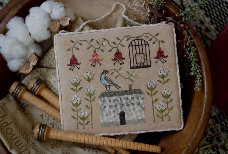 PLUM STREET SAMPLERS "Cotton Bird"  Counted Cross Stitch Pattern  Cotton Plants, Floral Vine, Paper Pattern
