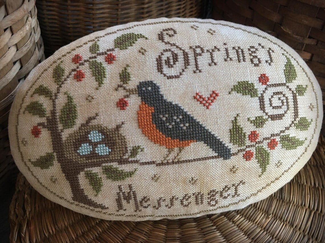 SCATTERED SEED SAMPLERS "Spring's Messenger" Pinkeep, Counted Cross Stitch Pattern, Robin, Pattern Only