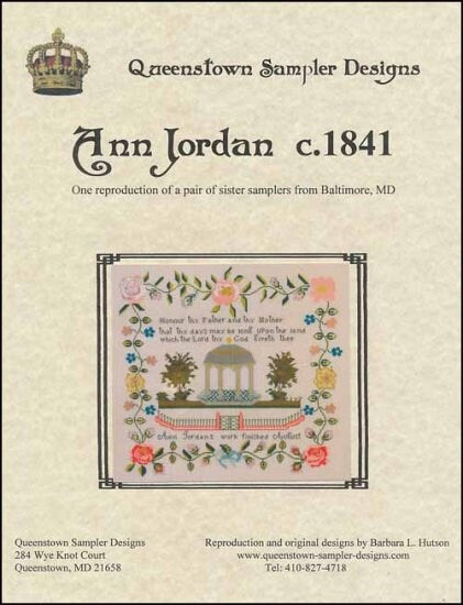 QUEENSTOWN SAMPLER DESIGNS "Ann Jordan 1841" Counted Cross Stitch Pattern, Chart, Reproduction Sampler, Pattern Only