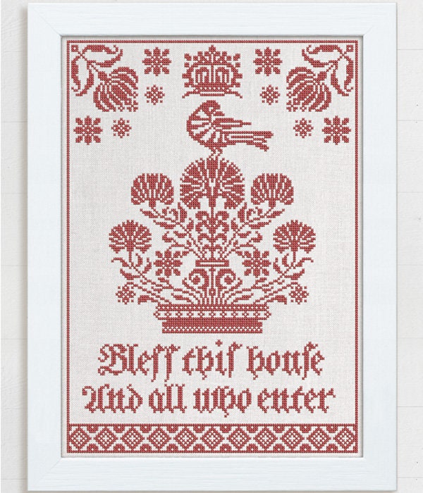 MODERN FOLK EMBROIDERY "Bless This House" Counted Cross Stitch Pattern, Monochromatic, Chart, Pattern Only