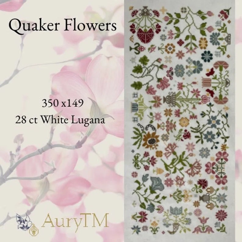 AuryTM "Quaker Flowers" Counted Cross Stitch Pattern, Chart, Pattern Only, Aury TM
